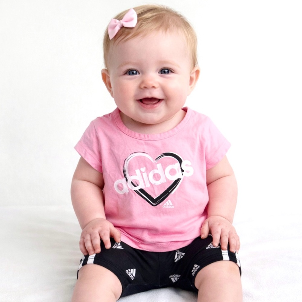 ADIDAS Kids Outfit Set Baby Girls SIZE 6M Pink Glitter Heart Shirt Shorts NWT